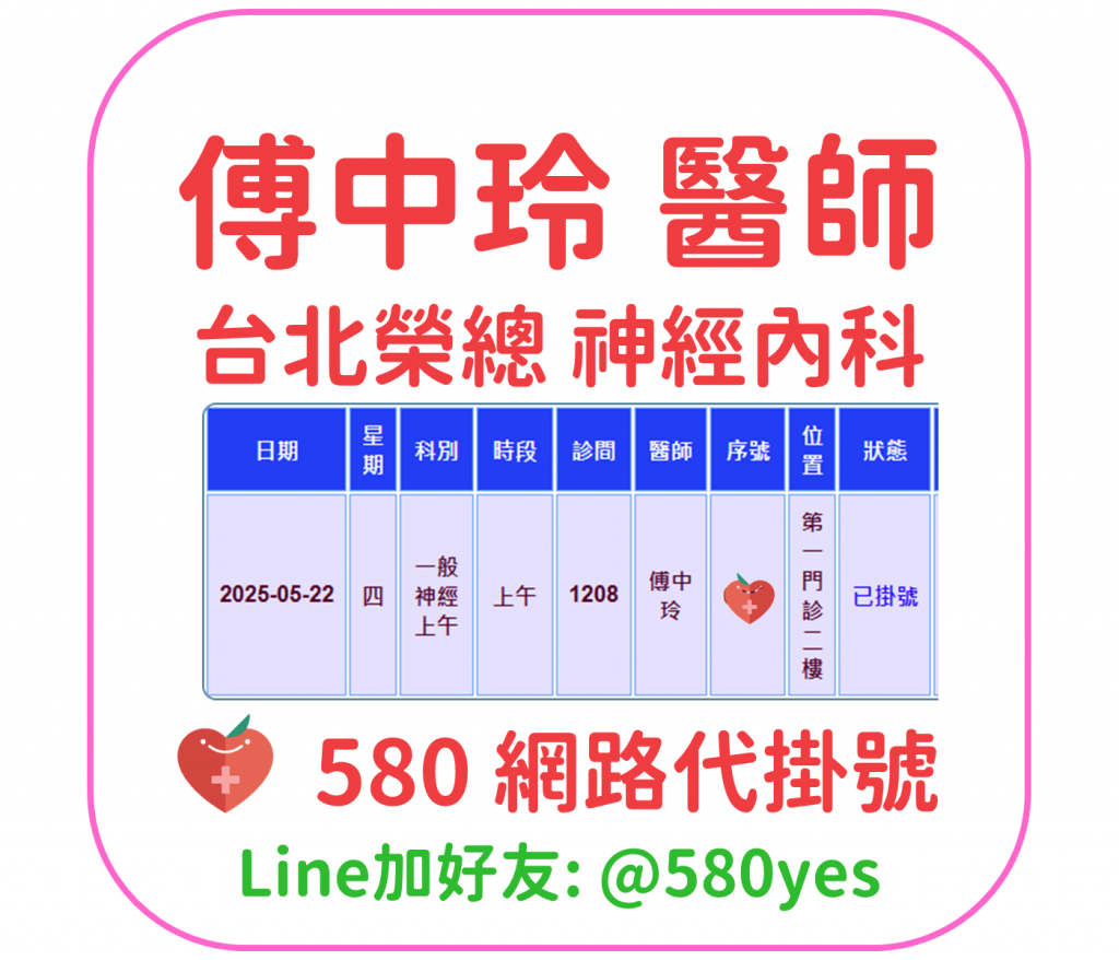傅中玲 醫師 台北榮總 神經內科 掛號成功 20250522
