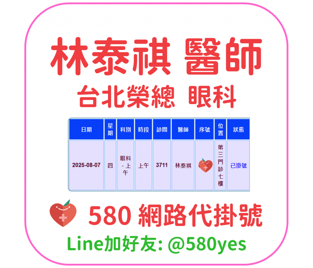 林泰祺 醫師 台北榮總 眼科 掛號成功 20250807